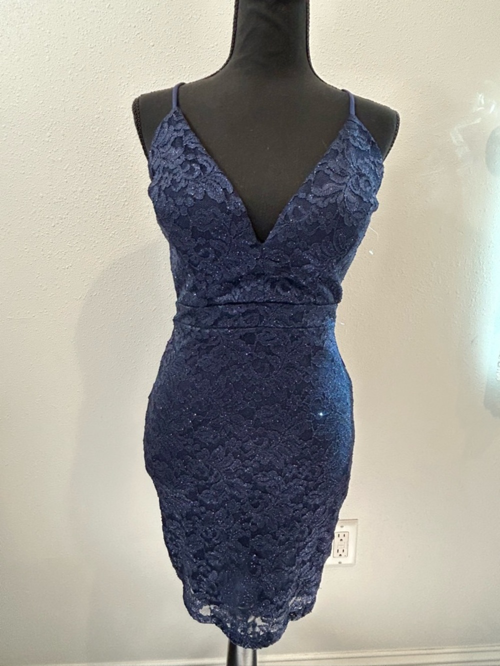 Emerald Sundae Navy Lace V-Neck Spaghetti-Strap Mini Dress